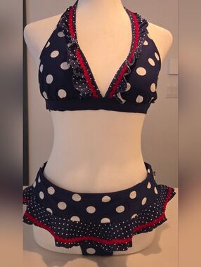 La Vie En Rose Navy Blue White Polka Dot Ruffle Bikini Set with Red Trim